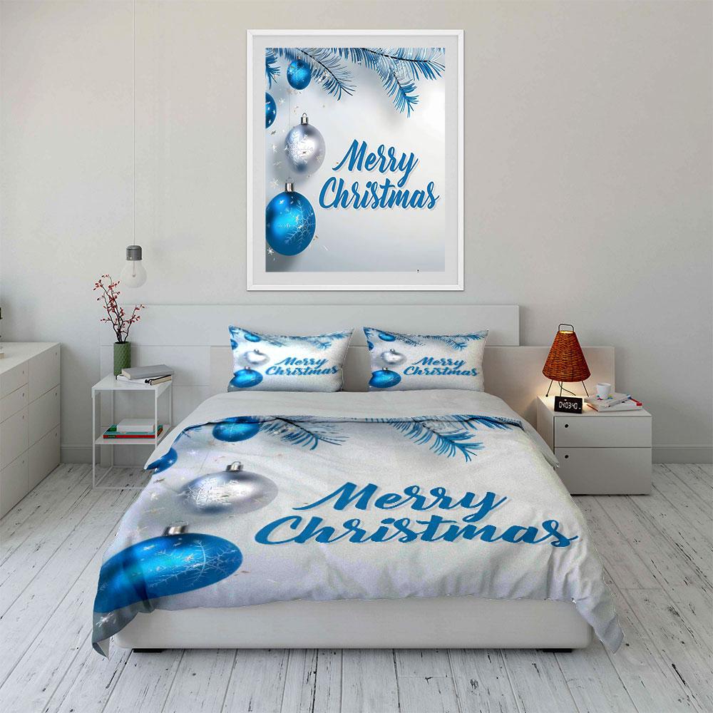 Merry Christmas Blue Decor Bedding Duvet Cover Set Duvet Cover Pillowcases  (1*Duvet Cover 2*Pillowcases, Without Duvet Insert)