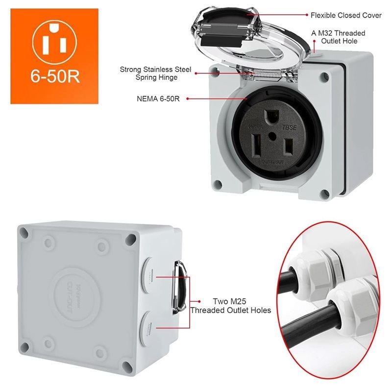 Frische 50 Ampere Steckdosenbox, NEMA 6-50R 250 Volt EV Schweißgerät Steckdose Heavy Duty, Mit Wasserdichten Kabelverschraubungen 3 Stück