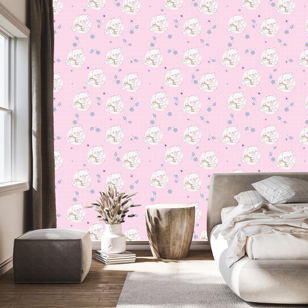 Sleeping Teddy Bears and Colorful Flowers Wallpaper for Living Room and Bedroom 50x1000
