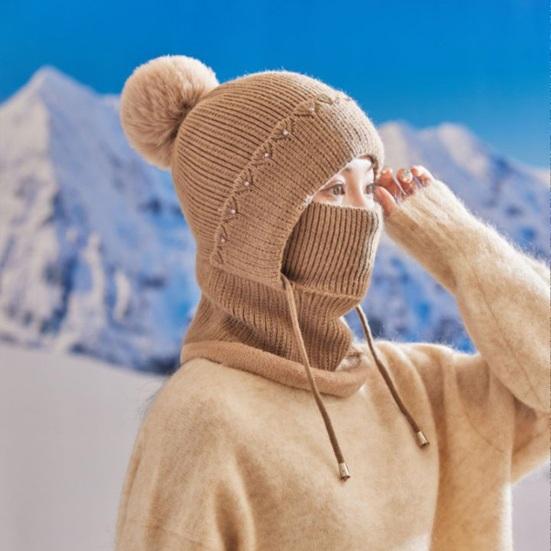 Women Windproof Knitted Hat with Fleece Lining 3-in-1 Hooded Scarf Cold Weather Skiing Hiking Headgear