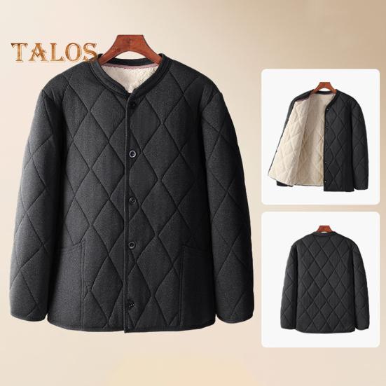 Men Coat V-Neck Long Sleeve Single Breasted Windproof Warm Jacket Solid Color Thickened Velvet Lining Outwear