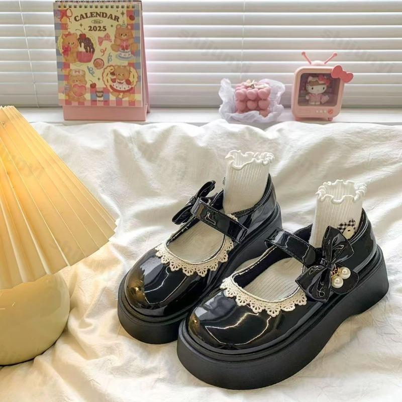 Women's Leather Shoes 2025 Spring Autumn New Height Increase Mary Jane Shoes Bow Knot Lace Comfortable Party Dress Shoes
