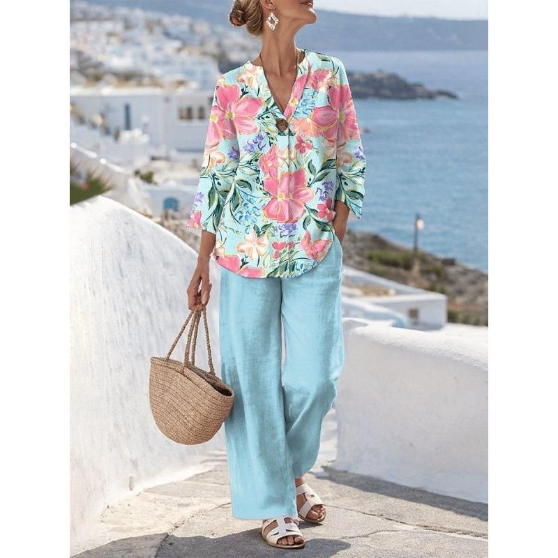 New European and American style sleeveless digital printing wide-leg pants set women's summer casual fashion two-piece set trendy
