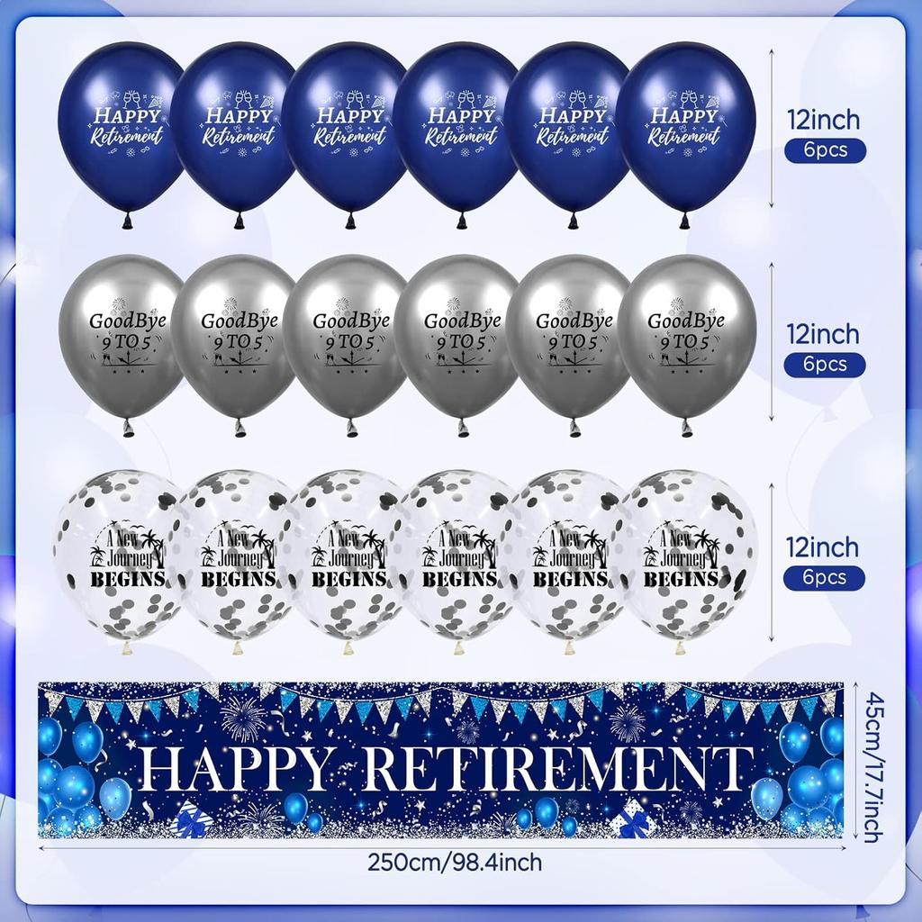 Happy Retirement Decorations Large Navy Blue Silver Happy Retirement Banner Yard Sign with 18 Pcs Retirement Balloons for Men Women Retirement Party