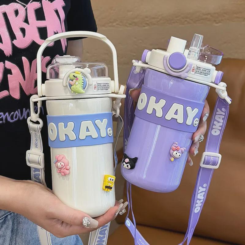 Girls' Stylish 316 Stainless Steel Thermos Cup with Straw & Crossbody Strap, Dual-Opening, 2023 Model