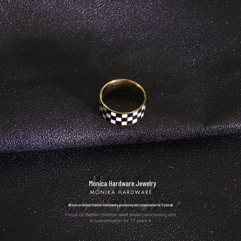 Women's High-End Design Black & White Checkerboard Ring, 14K Gold & Titanium Steel.