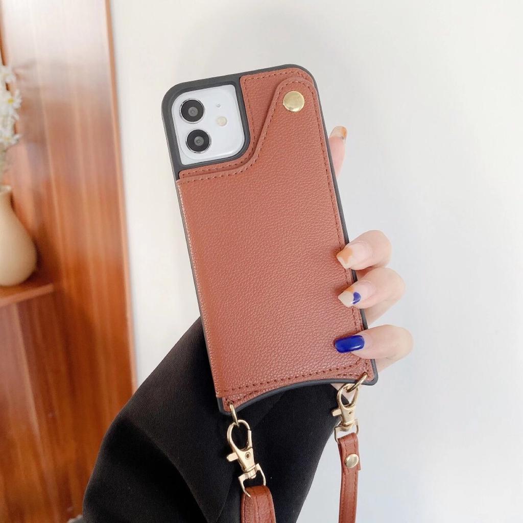 Applicable To Iphone14pro Mobile Phone Case Oblique Span Flip Cover Insert Card Mirror Leather Case 14max Japanese and Korean Strap Protective Case