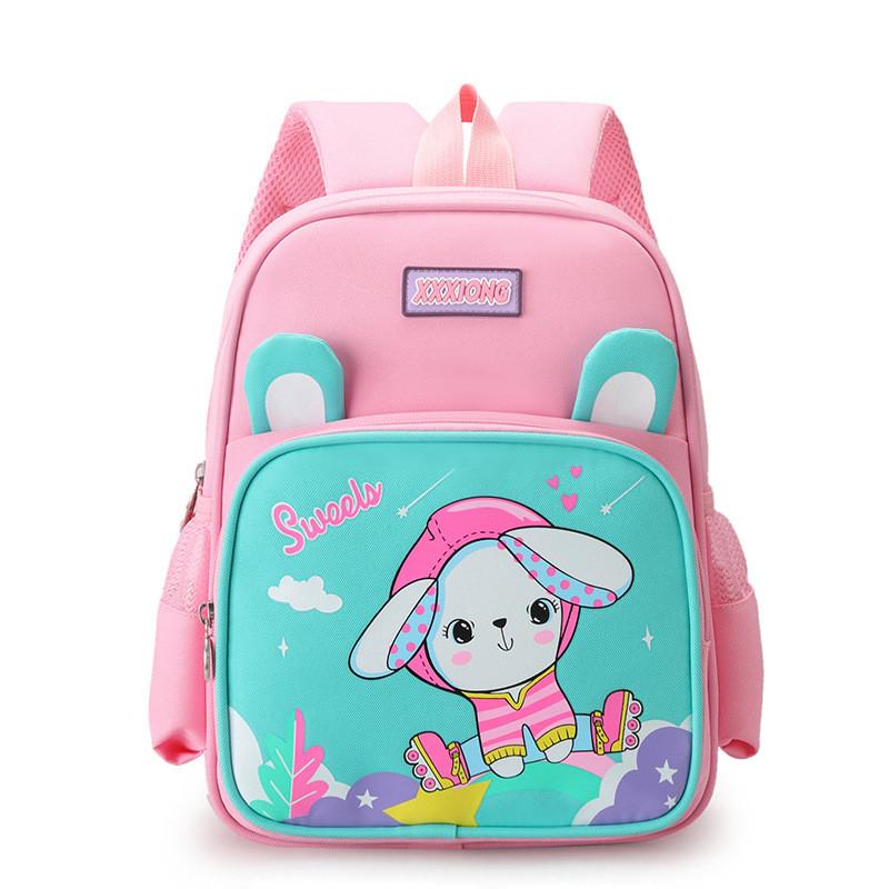 Charming Preschool Backpack For Kids Soft Nylon Material With Animal Print Design Pink Green