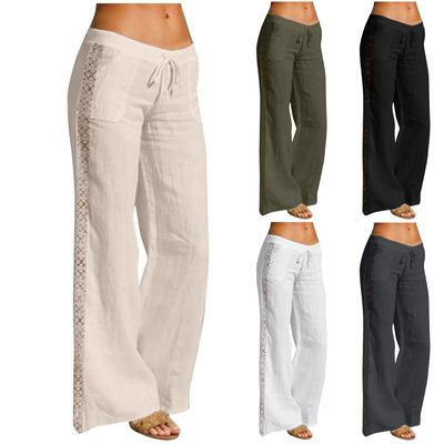 Women's Color High Waist Drawstring Pants Lace Stitching Cotton Linen Pocket Wide Leg Pants Casual Pants