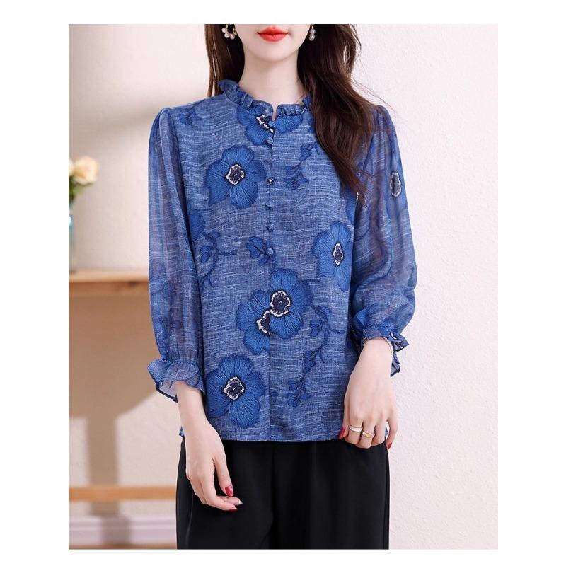 Spring New Fashion Printed Fungus Stand Collar Chiffon Shirt Women's Nine-quarter Sleeves Fashionable and Versatile Age-reducing Shirt
