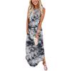 Fashion Women Casual Cross Neck Loose Print Pocket Long Dress Sleeveless Open Dress