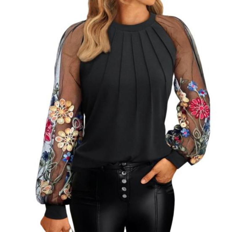 Top da donna, girocollo, in rete, a sbuffo, a maniche lunghe, tinta unita, versatile, stile camicetta