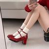 Fashion IPPEUM Red Mary Janes Shoes For Women Chunky Heel Ballet Shoes PU Leather Pumps High Heels