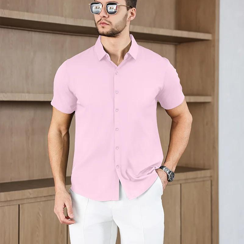 Men's Business Casual Solid Color Short Sleeved Shirt for Summer Fashion No Ironing Comfortable and Versatile Top