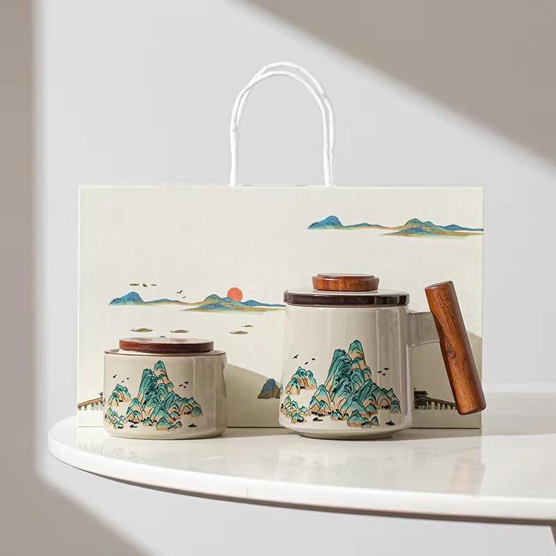 AIQY WJ Rivers & Mountains Ceramic Tea Infuser Gift Set Wooden Handle + Tea Caddy Gift Set