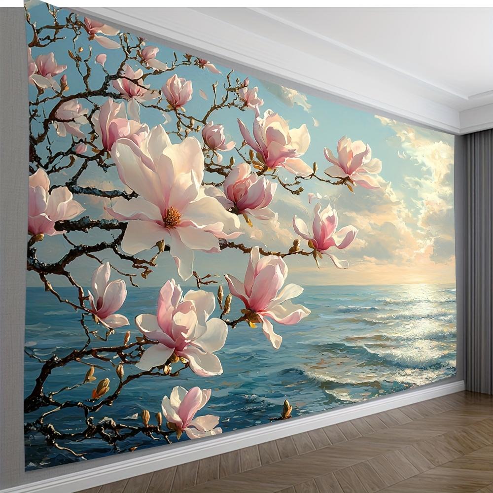 1pc Tranquil Beach Blooming Magnolia Tree Tapestry - Polyester Fabric, Machine Washable, Suitable for Bedroom Living Room