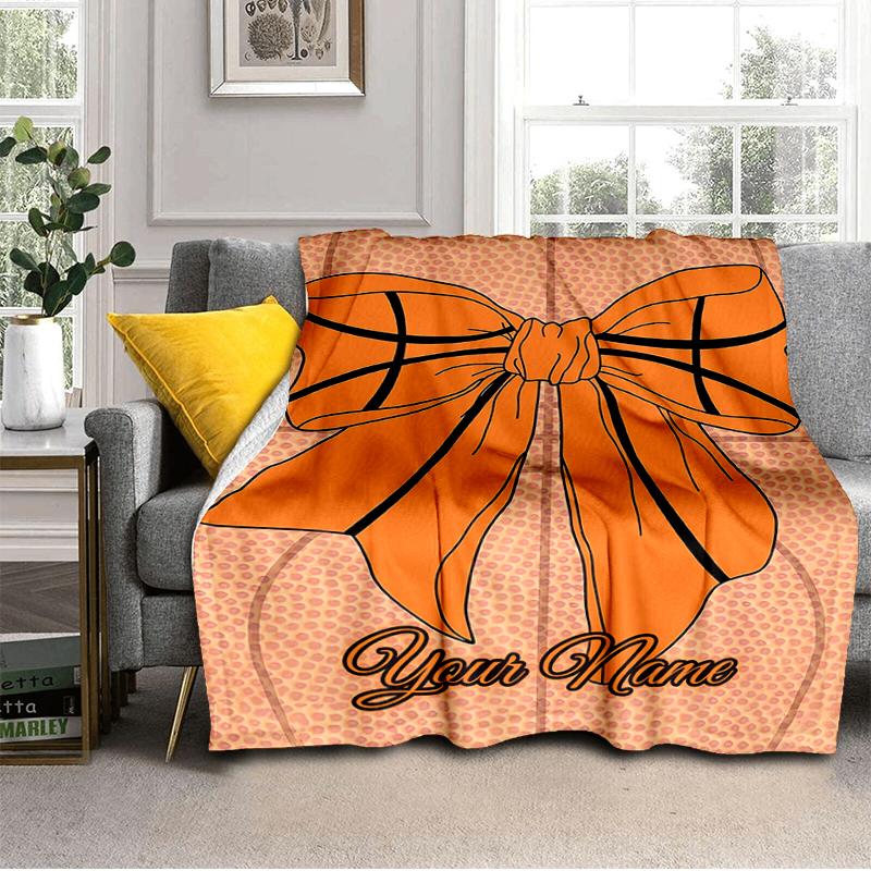 1PC Custom Name Basketball Bow Flannel Blankets Patterns Throw Blanket All-Season Soft Gift for Couch, Bed, Camping Gifts