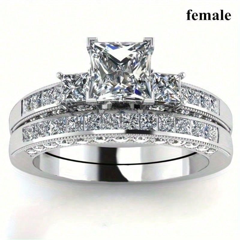 Fashion Silver Color Couple Rings for Lover's Trendy Stainless Steel Men Rings Cute Women Rhinestones Zircon Rings Set
