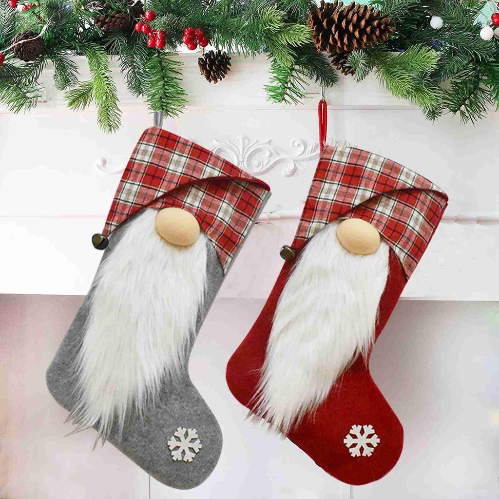 Xmas Stocking Polyester Cute Plaid Xmas Stocking with Hanging Loop for Party Family Gathering