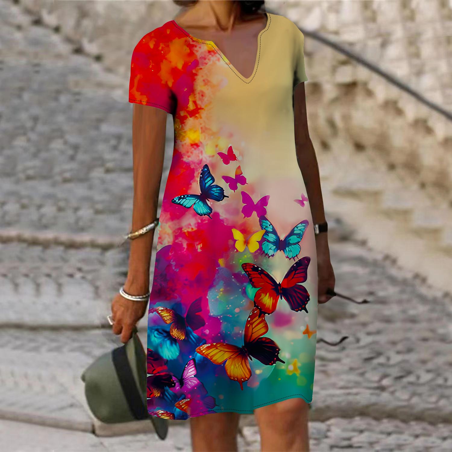 

Летнее модное платье с v-образным вырезом, женское платье с коротким рукавом и блестящим принтом летающих бабочек, свободное повседневное платье для женщин XS красный