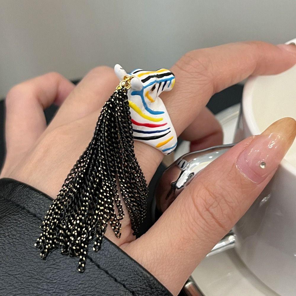 Exaggerated Design Zebra Tassel Ring High-End Feeling Creative Design Zebra Head Ring Open Ring Metal Material Finger Ring