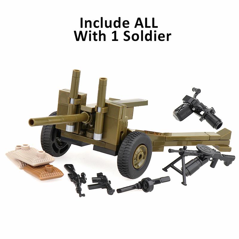 

Немецкое советское военное оружие времен Второй мировой войны, строительные блоки, фигурка солдата, противотанковая пушка, снаряд, детали, кирпичики, игрушки для детей