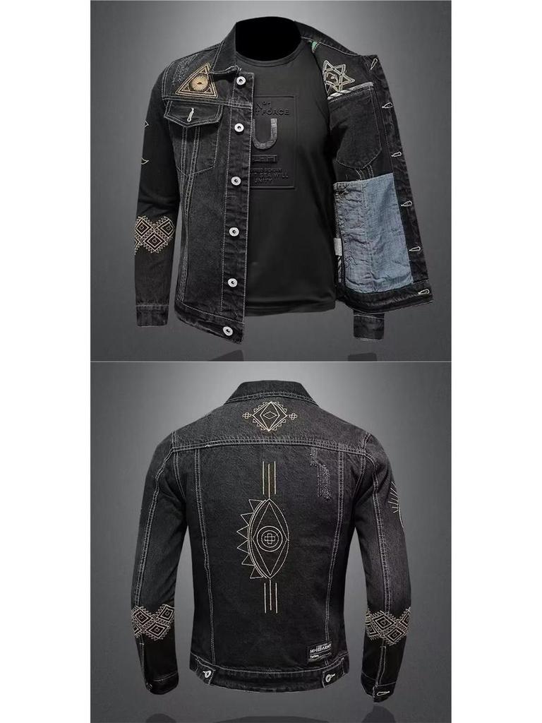Men's Retro Embroidered Denim Jacket – European & American Style, Autumn/Winter Casual Loose Lapel Workwear.