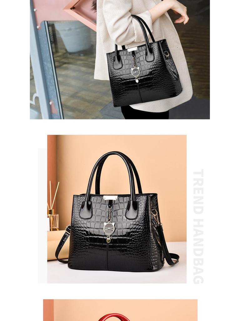 Women's Large Capacity Bright Leather Handbag - 2025 Autumn/Winter Stone Pattern Shoulder Bag