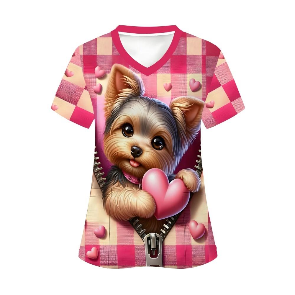 Chirurgische Uniformen Damen Niedliches Hundemuster Druck Lässig Gesundheitswesen Medizinische Kleidung Sommer V-Ausschnitt Kurzarm Krankenschwesteruniform Damen