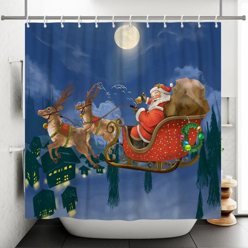 Full Night Moon Christmas Scene Shower Curtain Santa Claus Elk Deer Bathroom Partition Waterproof Hanging Curtain With Hooks