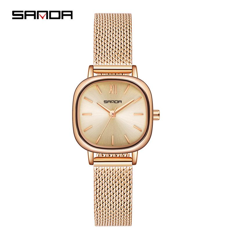 Sanda Ladies' Small Square Steel & Leather Quartz Watch