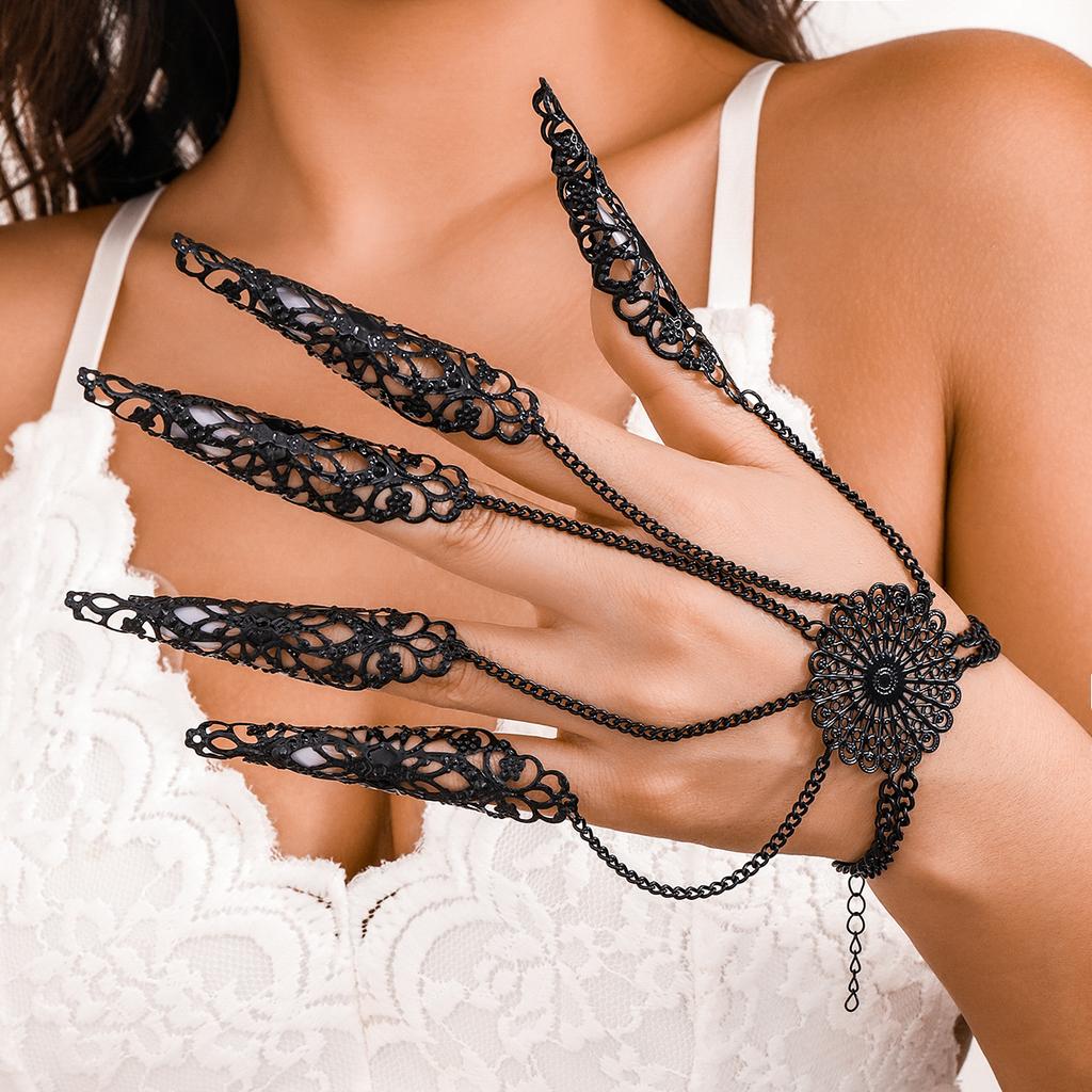 Catene Dita Polso Anelli Braccialetti in Pizzo Nero Vintage Creativi per Donne Bracciali a Mano Collegati in Metallo Gioielli di Natale