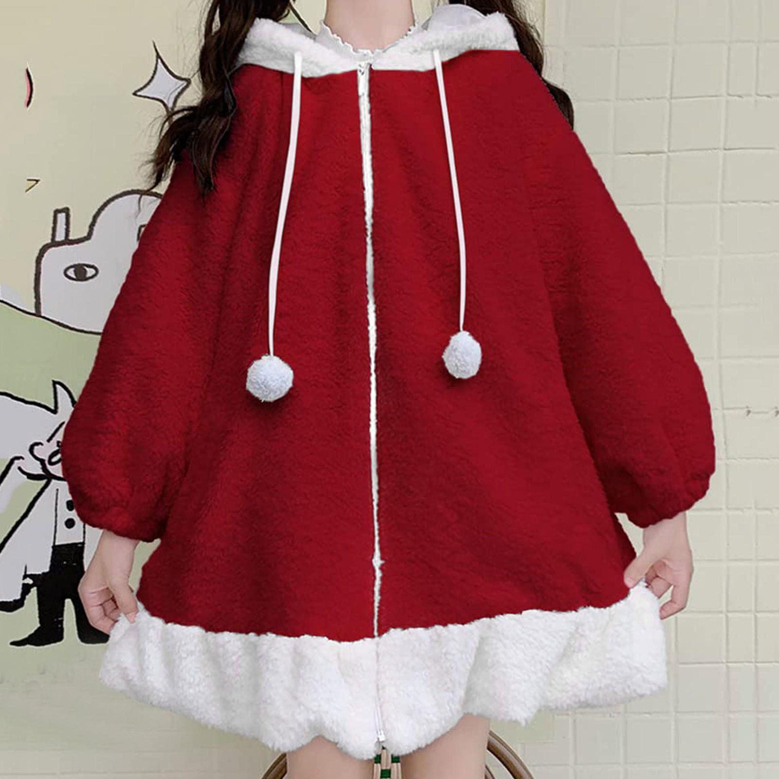 

Женская мода и зимняя двухсторонняя флисовая теплая куртка с капюшоном и милыми ушками XL красный