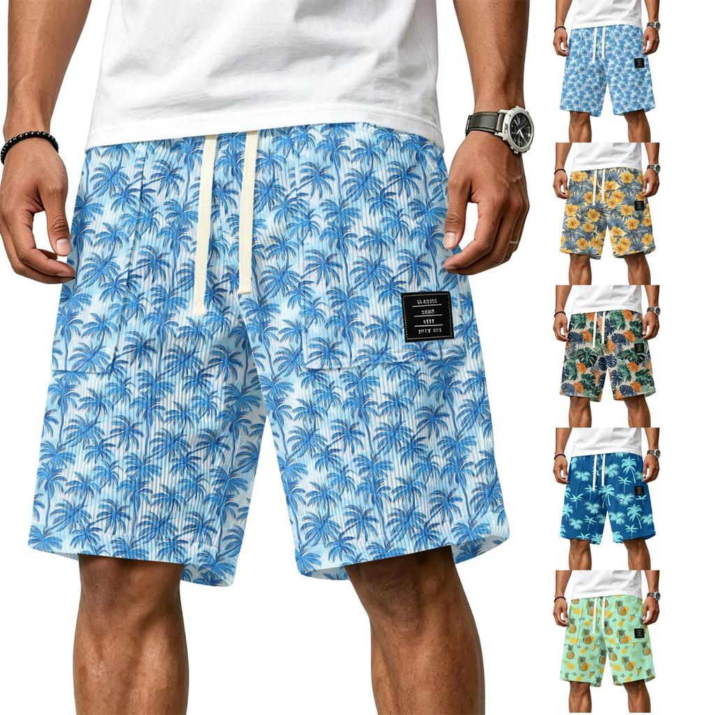 Men's Casual Corduroy Drawstring Shorts Hawaiian Style Tropical Leaf Print Lightweight Comfortable Fit