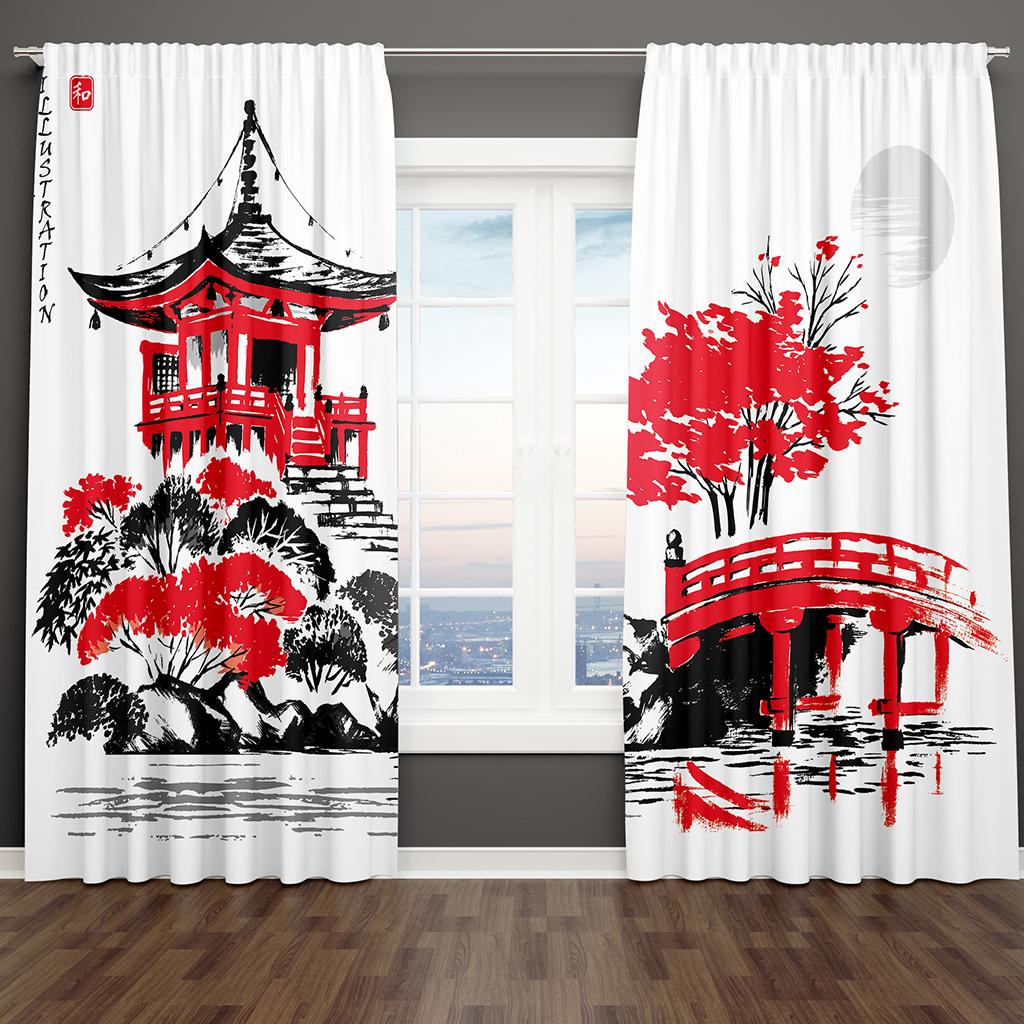 Japanese Lnk Painting Landscape Plum Blossom Fairy Crane Free Shipping 2Pieces Thin Window Curtain for Living Room Bedroom Decor