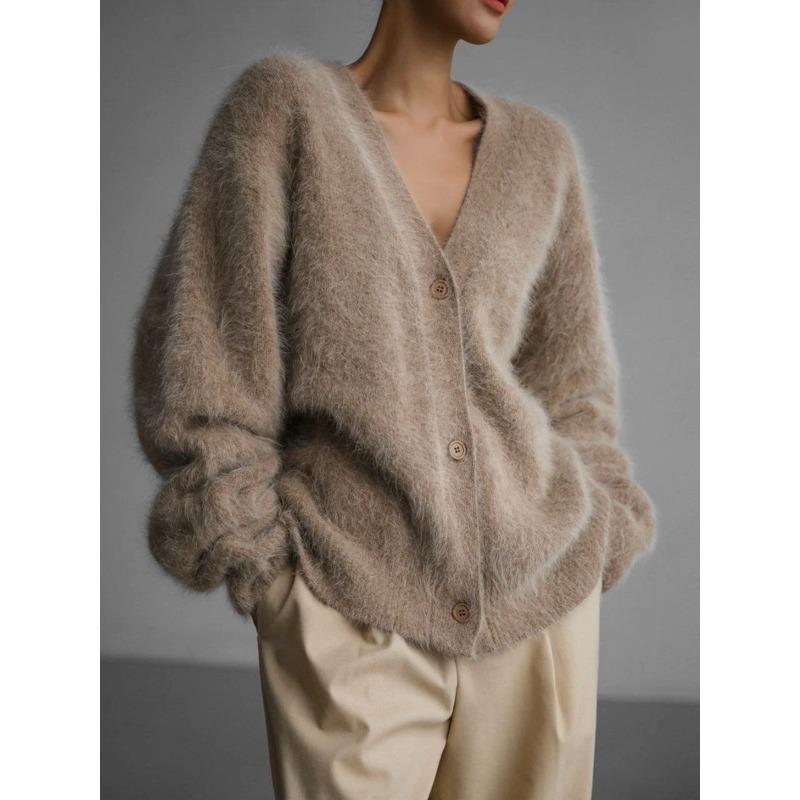 Damen Elegant Einfach geknöpft Lässige Strickjacke Herbst Winter Langarm Weicher V-Ausschnitt Pullover
