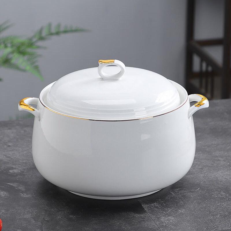 Jingbaodi Gilded Ceramic Double-Ear Soup Pot Set with Candle Warmer