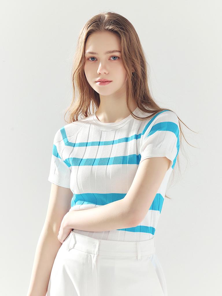 Road Roar Striped Ribbed Round Knit Blue