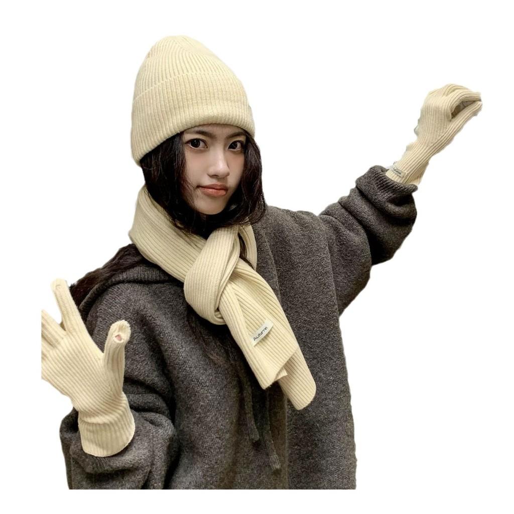 Baumwollstrick Wintermütze Schal Handschuhe Set Für Damen Mit Strukturmuster
