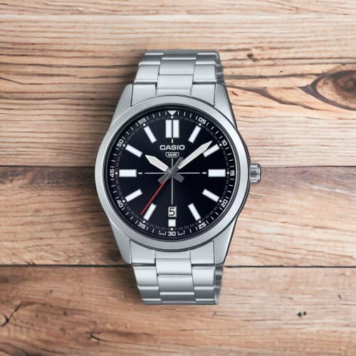 Casio MTP-VD02D-1E Men's Stainless Steel Black Dial Three-Hand Analog Sporty Watch