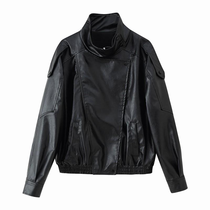 ZA Womens Long Sleeve Stand Collar Faux Leather Jacket Street Style Short Coat