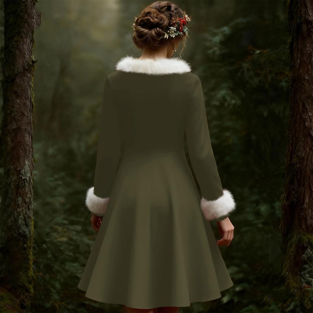 Women's Casual V-neck Christmas Print Plush Long-Sleeve Casual Dress