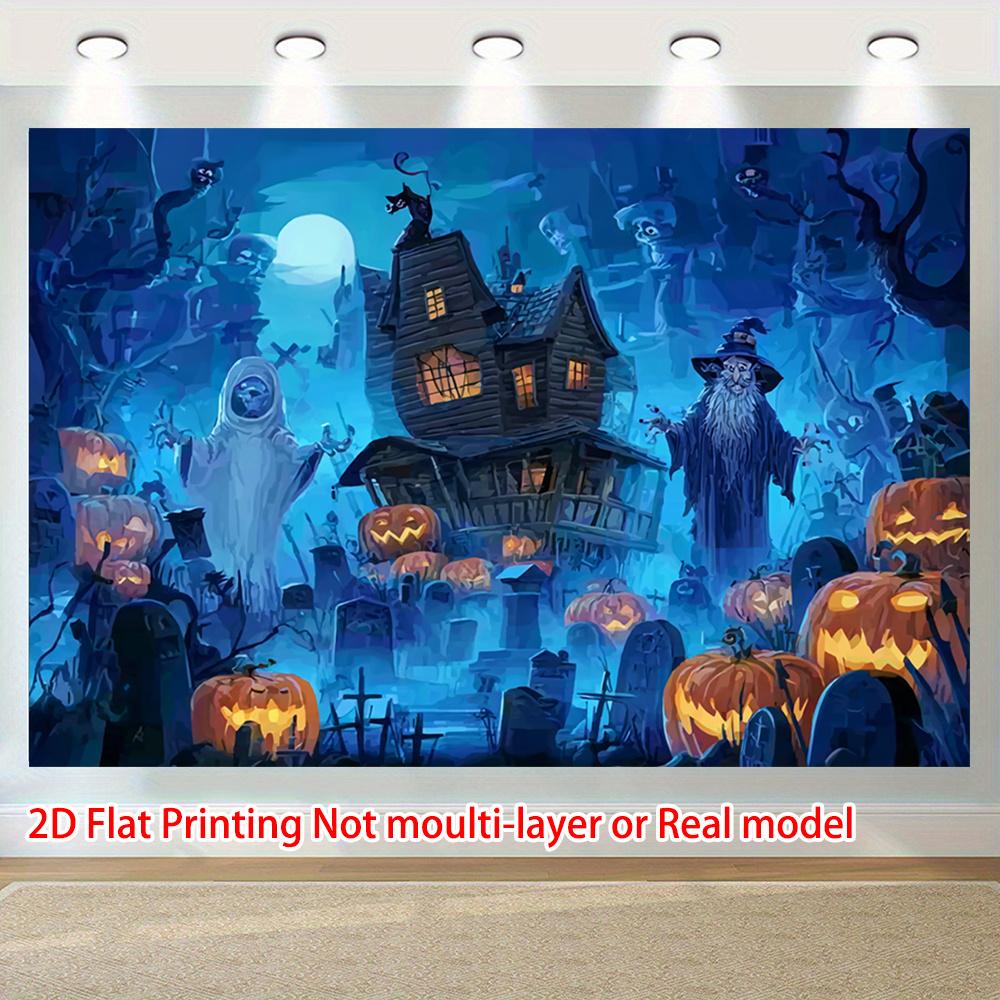 2D Flat Design, 1 Piece Per Pack. Horror Ghost House & Zombie Pumpkin Banner - Gothic-style Halloween Wall Decoration