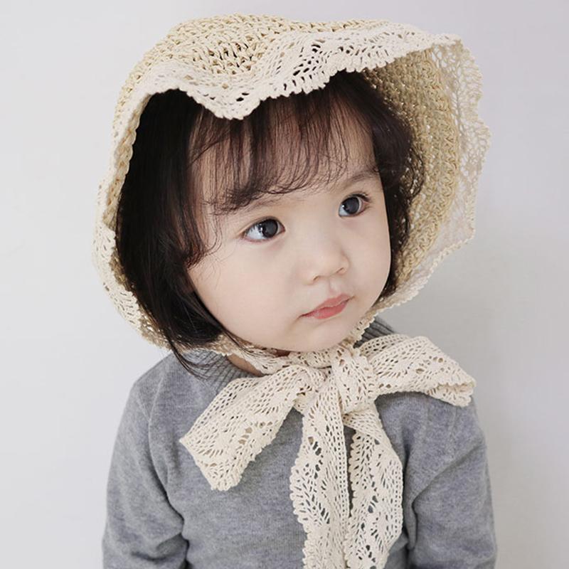 Cute Lace Girls Straw Hat Summer Bow Girls Boys Sun Cap Wide Brim Sun Protection Kids Fisherman Hat Beach Panama Caps