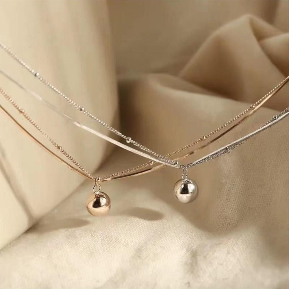 PANJBJ 925 Silver Circle Ball Necklace for Women Versatile Clavicle Chain Double Layer Versatile Office Minimalist Jewelry Gift