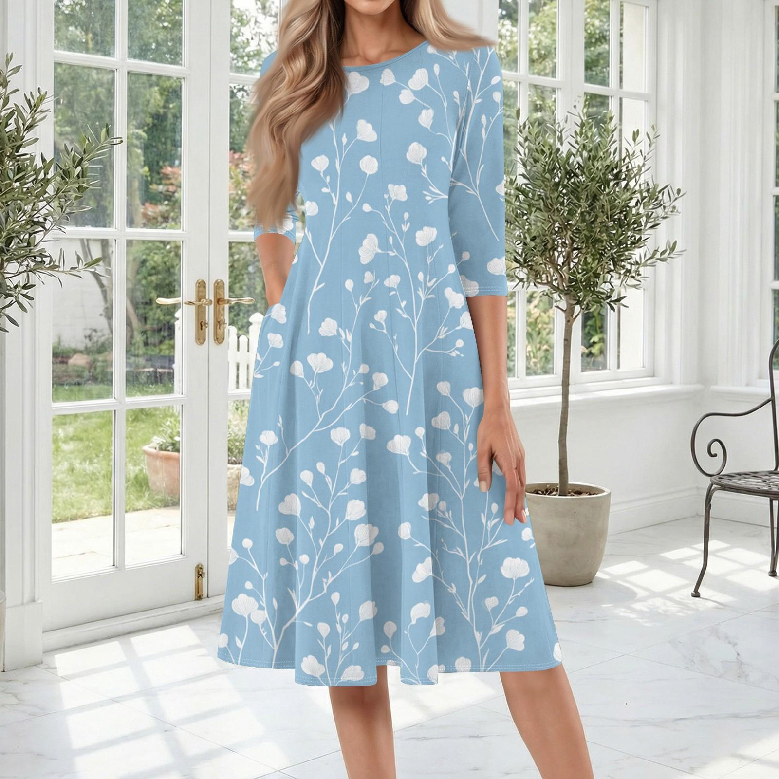

Women s Casual Fashion Round Neck Three Quarter Sleeve Floral Print Mid Length Dress Comfortable Fit Lightweight Fabric L