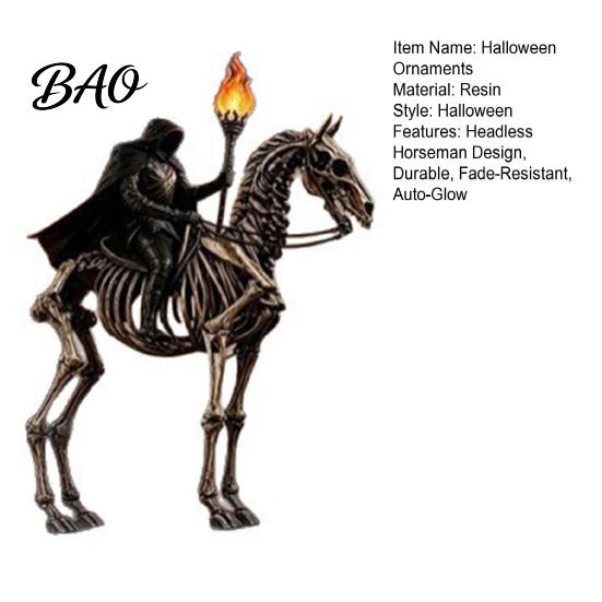Collectible Gothic Art Gift Lighted Headless Horseman Resin Figurine, Halloween Statue with LED Warm Glow, Hooded Party Prop Rider on Skeleton
