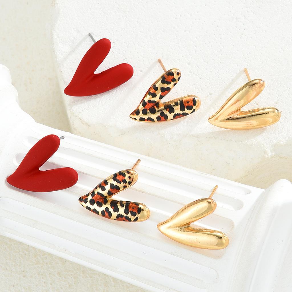 3pcs Fashion Heart Leopard Printed Colorful Earrings Set for Women Vintage Geometric Metal Stud Earring Holiday Party Jewelry