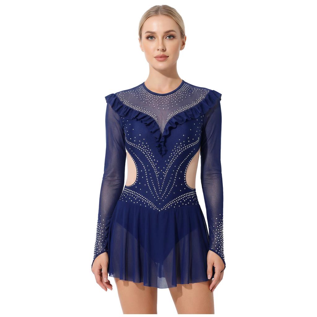 Dámský síťovaný trikot s kamínky Dlouhý rukáv Volánkové lemy Síťovaná sukně Body Šaty Jumpsuit pro krasobruslení