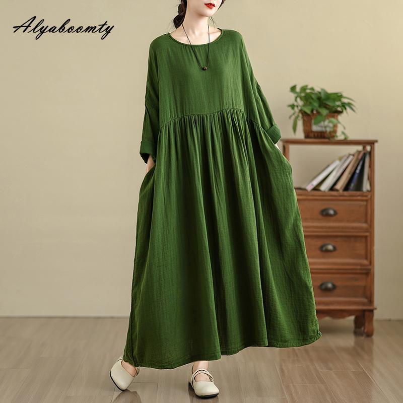 

Корейский стиль Весна Осень Женское однотонное базовое миди-платье Короткий круглый вырез Хлопок Красный Зеленый Черный Фиолетовый Оверсайз Мешковатое платье Повседневное Свободное Большой размер Платье One Size зелёный